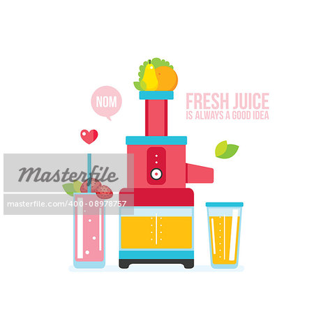 Mixer Juice Fresh fruits and vegetables Kitchen appliance background Vector illustration
