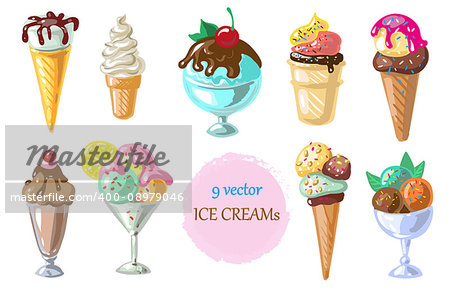 Collection of 9 vector ice creams isolated on white