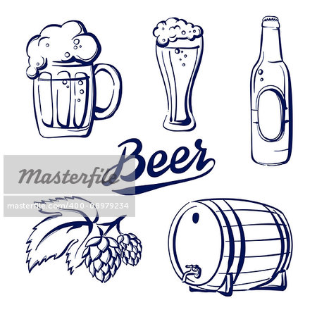 icon set of different beer glasses for lager and bavarian wheat beer, a beer bottle Hand drawn doodle vector illustration