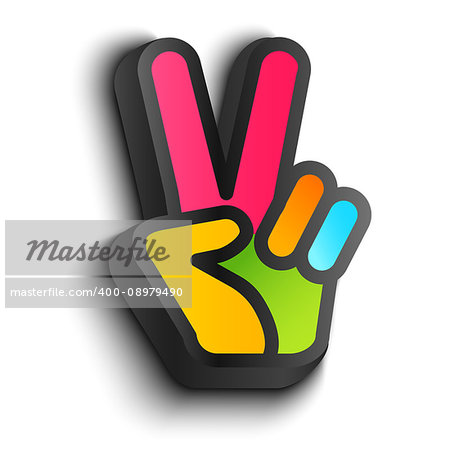 Vector icon with colorful hand and peace symbols. Hand and two fingers are like peace symbol.