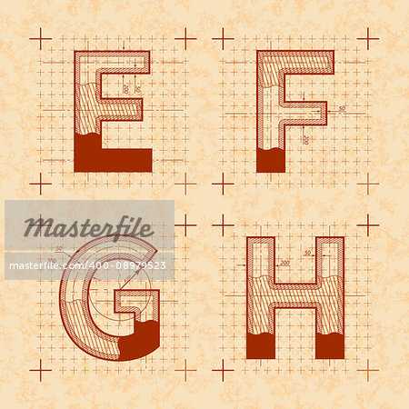 Medieval inventor sketches of E F G H letters. Retro style font on old yellow textured paper
