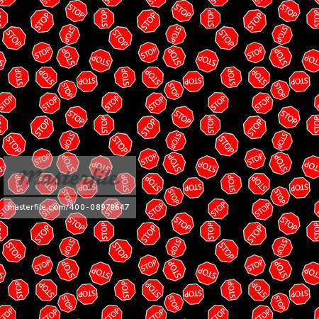 black seamless pattern with red road sign stop. vector