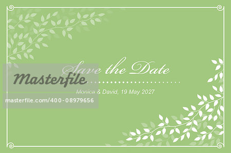 green vintage wedding invitation with decorative branches and leaves