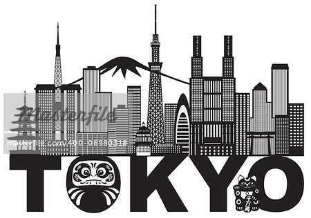 Tokyo Japan City Skyline Panorama Daruma Doll Maneki Neko Cat Text Black and White Illustration