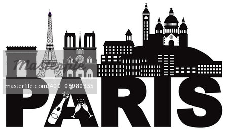 Paris France City Skyline Outline Silhouette with Champagne Bottle Glass Black Isolated on White Background Panorama Illustration