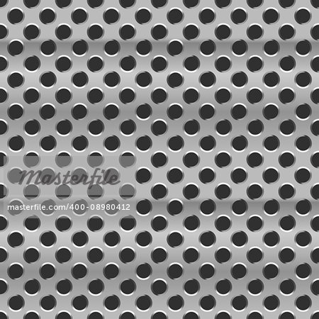 Glossy metal grid with round holes on black, seamless pattern