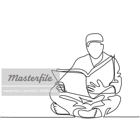 Man in fez reading Koran. Continuous line drawing vector illustration