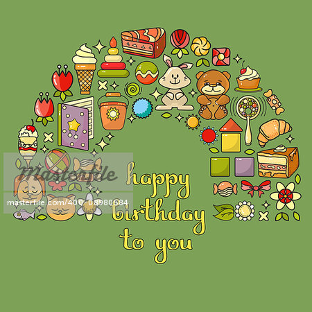 Vector colorful cute childrens icon set - toys, sweets, and handwritten words Happy Birthday To  You on green background.