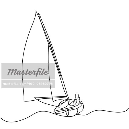 Continuous line drawing of sailboat with captain. Vector illustration