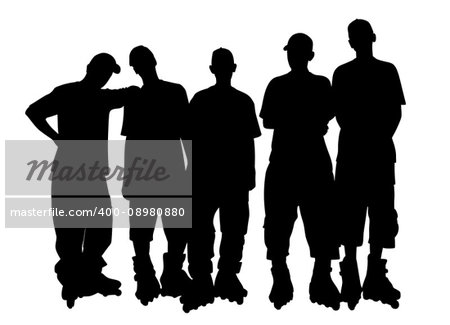 Illustration of young people group in roller skates. Isolated white background. EPS file available.
