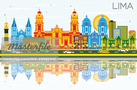 Lima Skyline with Color Buildings, Blue Sky and Reflections. Vector Illustration. Business Travel and Tourism Concept with Lima City. Image for Presentation Banner Placard and Web Site.