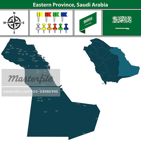 Vector map of Eastern Province region with flag, icons and location on Saudi Arabian map.
