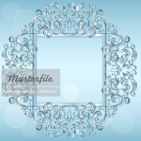 carved frame of ice for picture or photo on a blue background