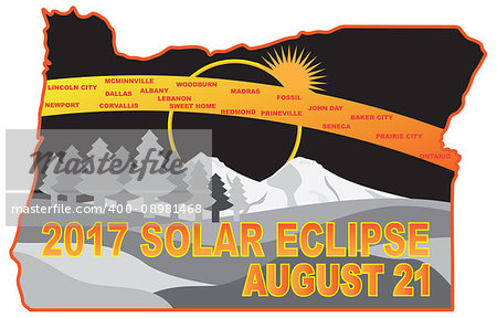 2017 Solar Eclipse Totality across Oregon State cities map color illustration