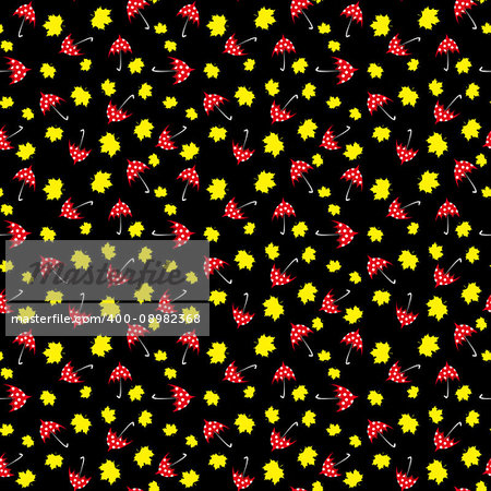 black seamless pattern with red umbrella and yellow leaf. vector