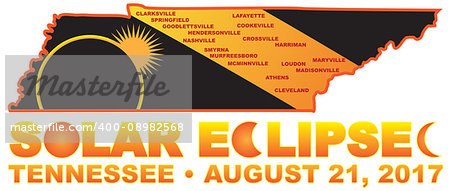 2017 Solar Eclipse Totality across Tennessee State cities map color illustration