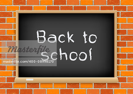 Blackboard with text message back to school on old red brick background texture. School education object