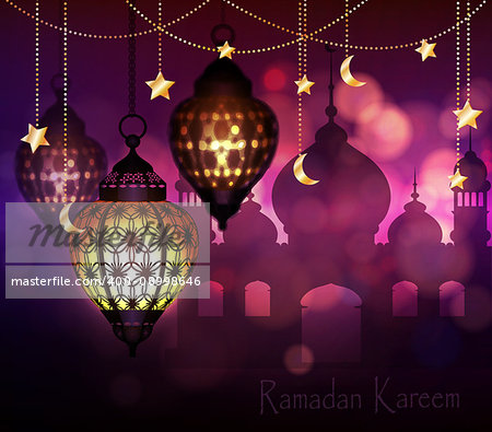 Ramadan Kareem, greeting background with hanging stars moons and lights vector