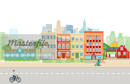 Street in the city with people. illustration