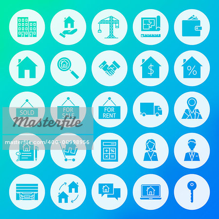 Real Estate Circle Solid Icons. Vector Illustration of House Glyphs over Blurred Background.