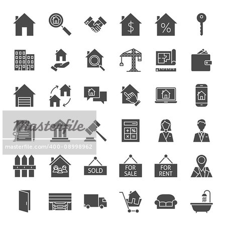 Real Estate Solid Web Icons. Vector Set of House and Building Glyphs.