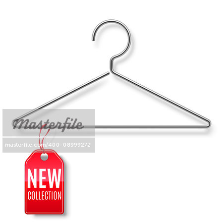 Clothes hanger with red new collection tag isolated on white background