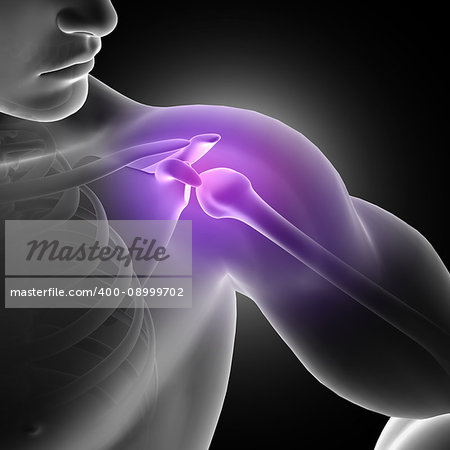 3D render of a male figure with close up of shoulder joint