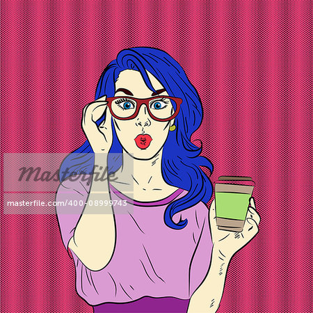 Pop art surprised blue hair woman face wearing eyeglasses holding hot coffee in her hand. Vector illustration.