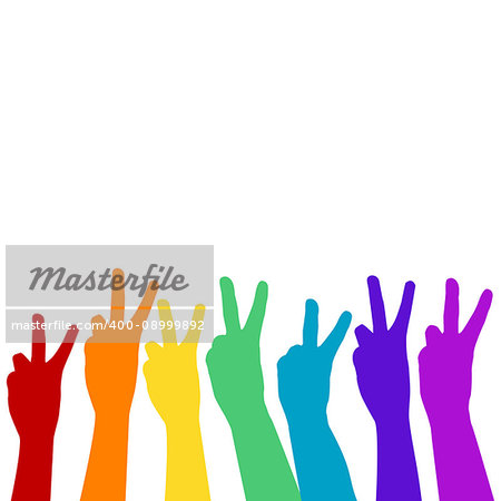 Hands showing victory sign in rainbow colors