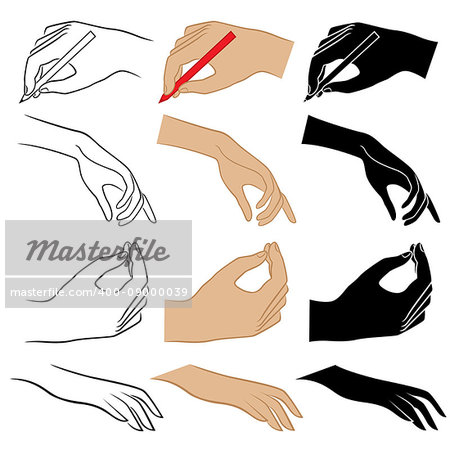 Set of twelve human hands, hand drawing vector illustrations isolated on the white background