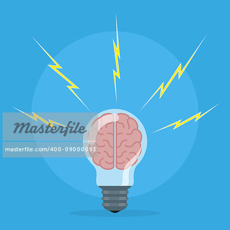 picture of human brain unside a light bulb and a lightning around, brainstorming, new idea and creativity concept, flat style illustration