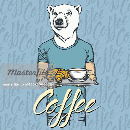 Breakfast vector concept. Illustration of white bear with croissant and coffee