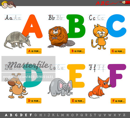 Cartoon Illustration of Capital Letters Alphabet Set with Animal Characters for Reading and Writing Education for Children from A to F
