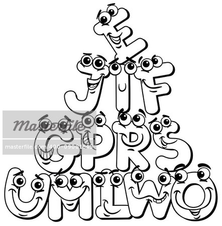 Black and White Cartoon Illustration of Funny Capital Letter Characters Alphabet Group for Kids Coloring Book