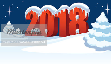 New Year 2018 with snow, icicles and ice and Christmas tree on winter white background