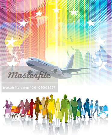 Colorful crowd of shopping people, flying airplane and a world map in the background.