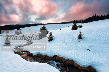 mountain river during winter sunset, Germany