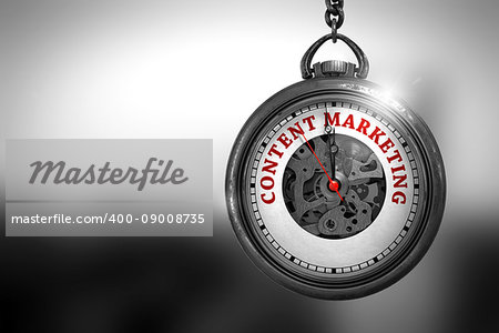 Business Concept: Content Marketing on Pocket Watch Face with Close View of Watch Mechanism. Vintage Effect. Vintage Pocket Clock with Content Marketing Text on the Face. 3D Rendering.