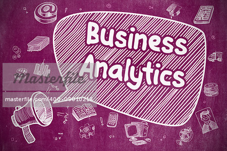 Business Concept. Horn Speaker with Wording Business Analytics. Cartoon Illustration on Purple Chalkboard.