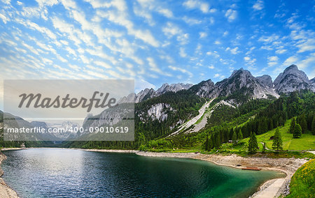 Beautiful summer Alpine lake Gosausee sunset view (Austria). Two shots stitch panorama.