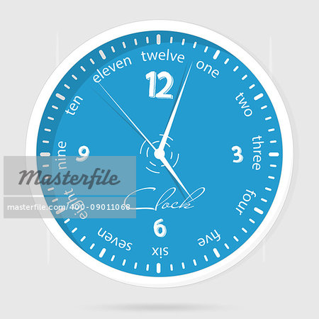 Wall clocks face on white background. Blue dial plate.
