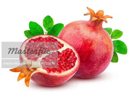 Pomegranate isolated. Group of pomegranates with leaves isolated on white background with clipping path