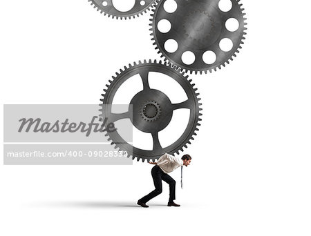 Businessman holding with fatigue a gears system mechanism