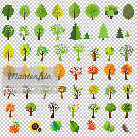 Big Nature Set With Trees Gradient Mesh, Vector Illustration