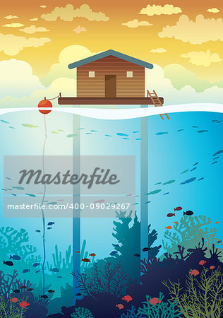 Coral farm - house on stilts and colorful coral reef with school of fish on a sea background. Vector environment illustration. Save the corals and underwater creatures.