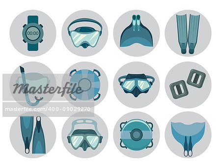 Set of freediving equipment icons on a white background. Vector illustration of underwater sport. Mask and snorkel, fin and monofin, buoy and weight.