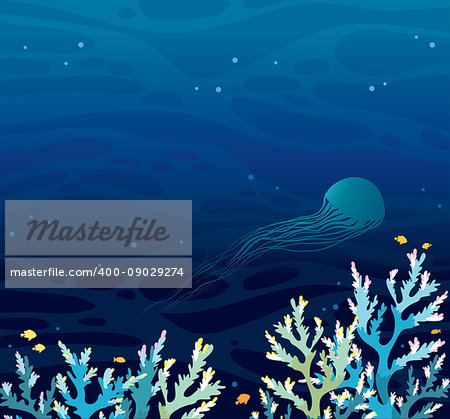 Vector seascape - coral reef and silhouette of jellifish on a night sea background. Vector illustration.