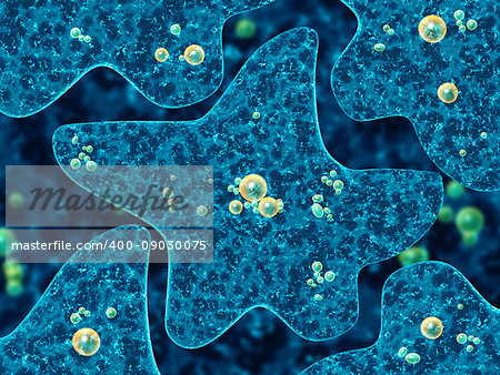 Amoebas on abstract blue background. 3d render