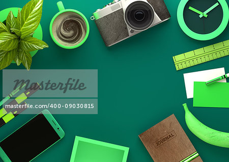 Top down view of modern work space office desk with essentials including coffee, office plant, mobile device, camera, food snacks and business tools - in green. 3D illustration render.