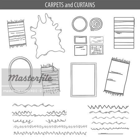 Set of linear icons for Interior top view plans. Isolated Vector Illustration. Furniture and elements for living room, bedroom, kitchen. Floor plan. Sketch of furniture. Carpets and curtains